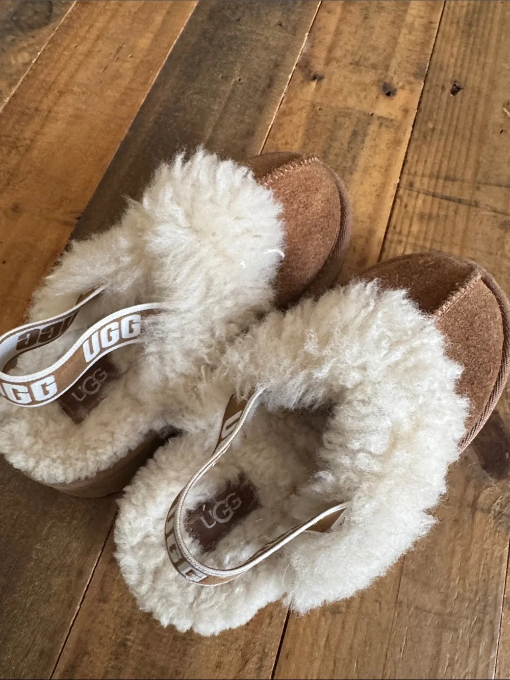 UGG Kids Chestnut Brown Slip-On Suede Slippers with Cream Shearling Trim